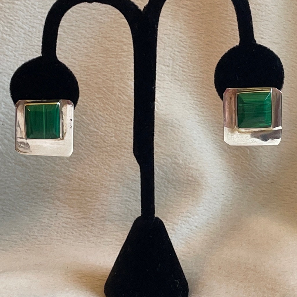 Mexico Sterling And Malachite Square Earrings For Pierced Ears